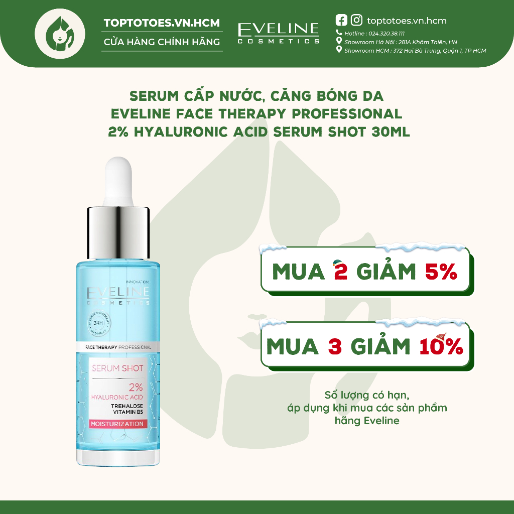 Serum cấp nước, căng bóng da Eveline Face Therapy Professional 2% Hyaluronic Acid Serum Shot 30ml