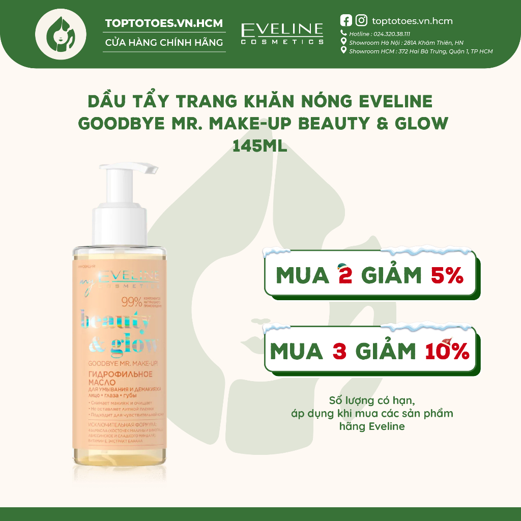 Dầu tẩy trang khăn nóng Eveline Goodbye Mr. Make-up Beauty & Glow làm sạch sâu, nuôi dưỡng da 145ml