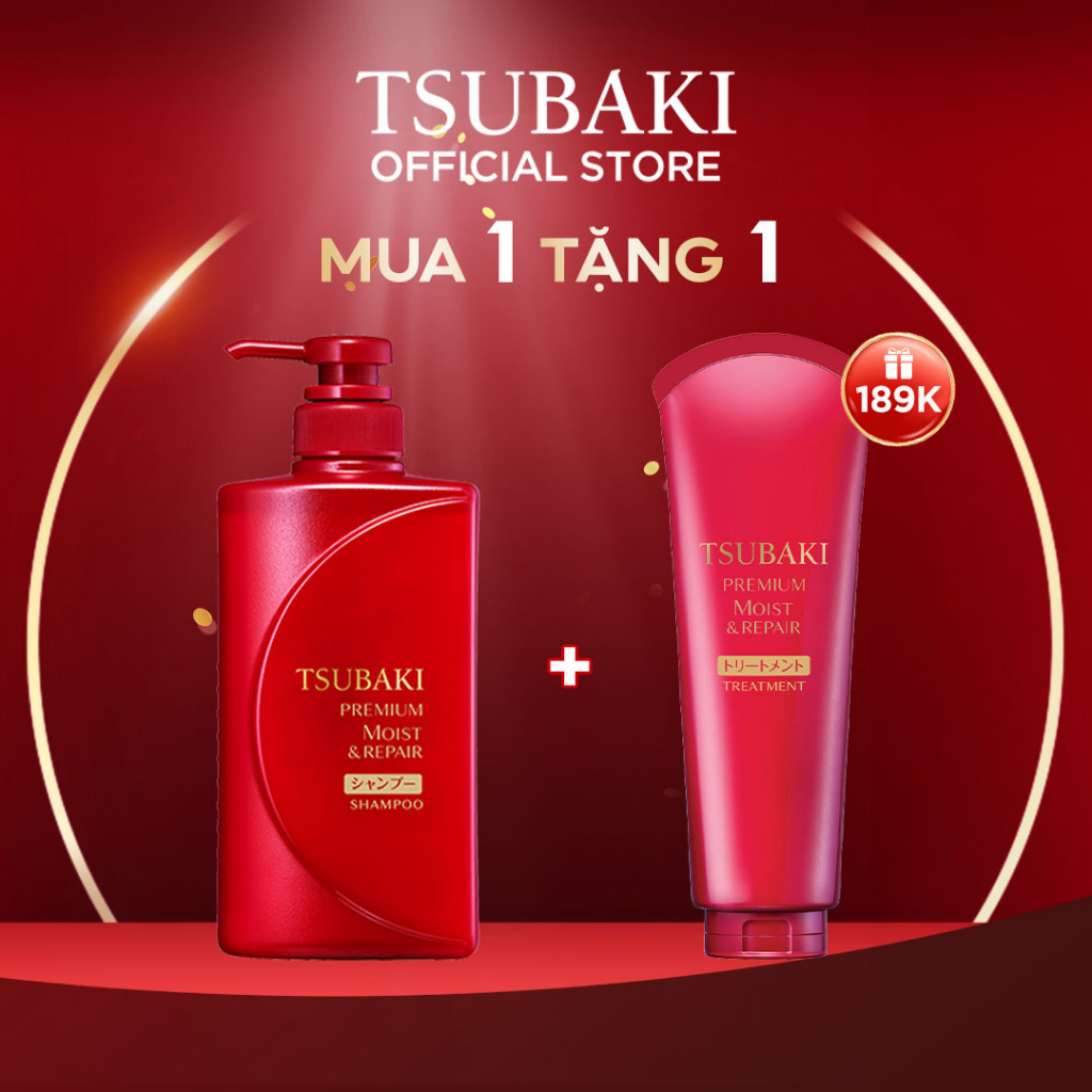 [Chỉ còn 139k] Combo Dầu gội Dưỡng tóc bóng mượt Premium Moist Tsubaki (490ml/chai) và kem xả moist 180g