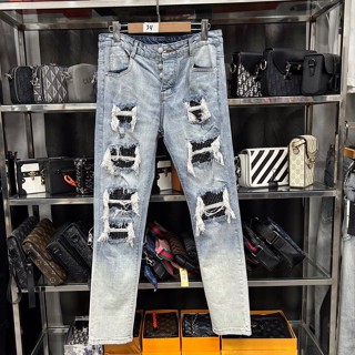Quần Jean xanh đính đá 4 cúc wash rách tua, quần bò amiri loang ống chân đính đá khâu viền phong cách boy phố siêu đẹp