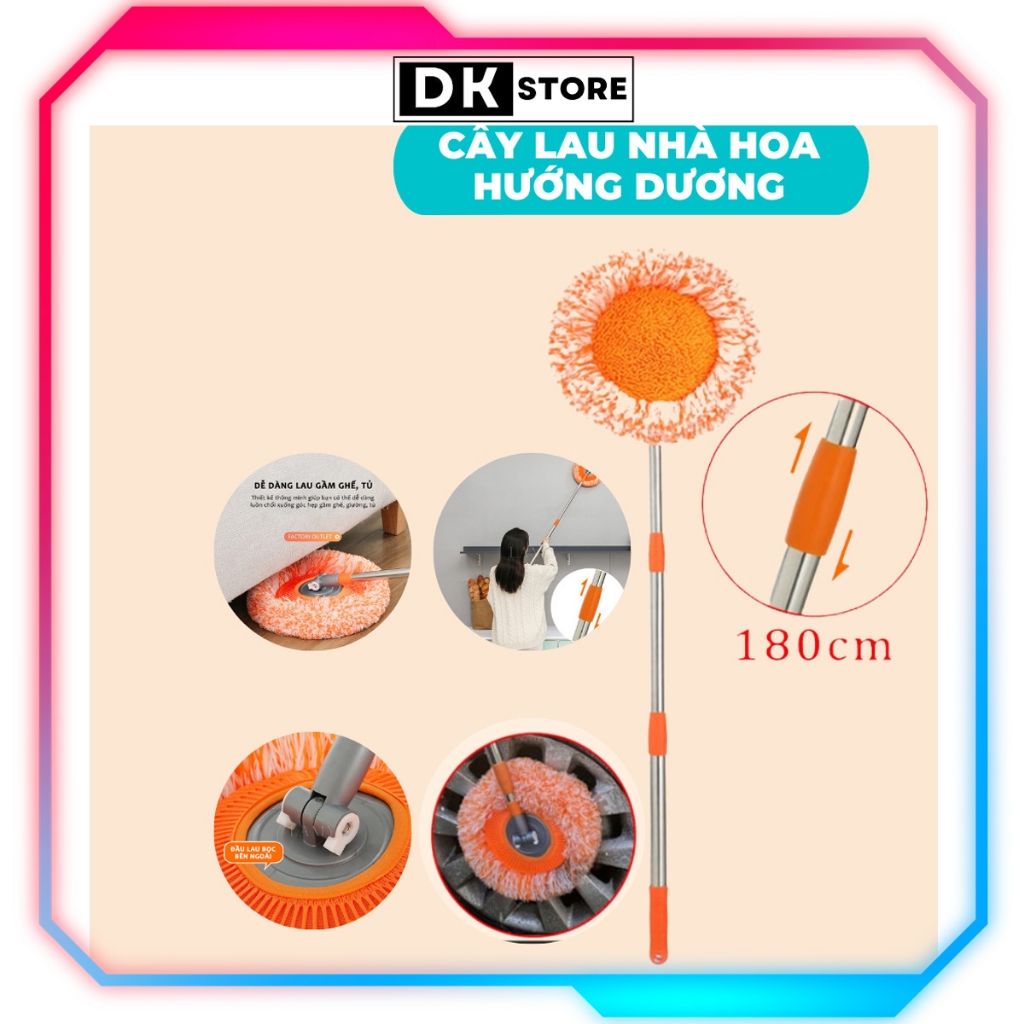Chổi Lau Trần Nhà, Cây Quét Trần Nhà, Lau Sàn Bông Lau Hoa Hướng Dương Đa Năng Cán Inox Dài 180cm DKSTORE