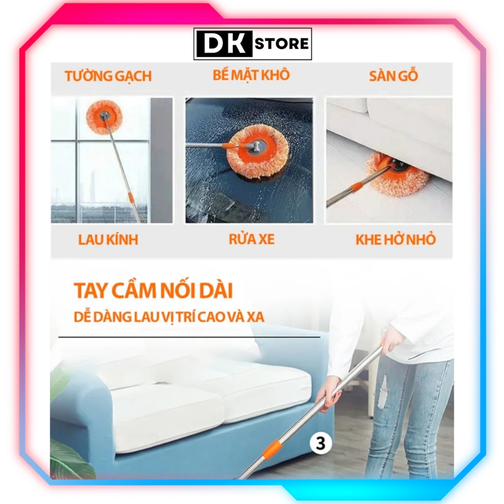 Chổi Lau Trần Nhà, Cây Quét Trần Nhà, Lau Sàn Bông Lau Hoa Hướng Dương Đa Năng Cán Inox Dài 180cm DKSTORE
