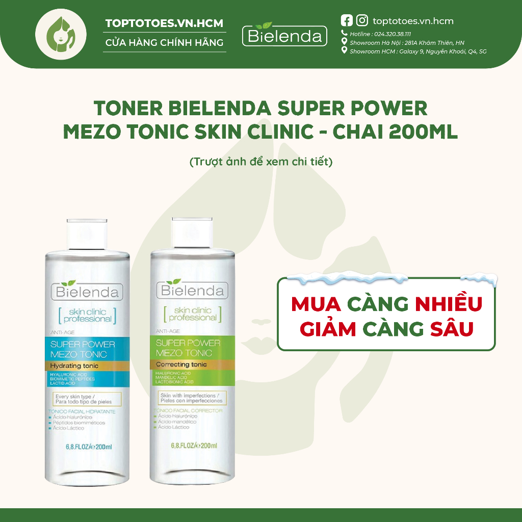 Toner Bielenda Super Power Mezo Tonic Skin Clinic Correcting làm căng bóng, mờ thâm/ Moisturizing cấp nước, dưỡng ẩm