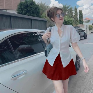 Sét Sơmi Trắng Cổ Trụ Cột Lưng + Chân Váy Đỏ Xoè  JARI - CLOTHES