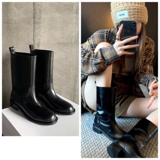 Giày bốt boost nữ cổ cao mũi tròn da trơn ống rộng dáng cao bồi cá tính