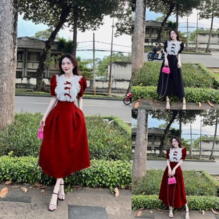Đầm Nữ Nhung Tay Phồng Phối Bèo Cổ Ren Đính Nơ Sam Closet Phù Hợp Để Tới Công Sở, Đi Làm Hoặc Đi Chơi.