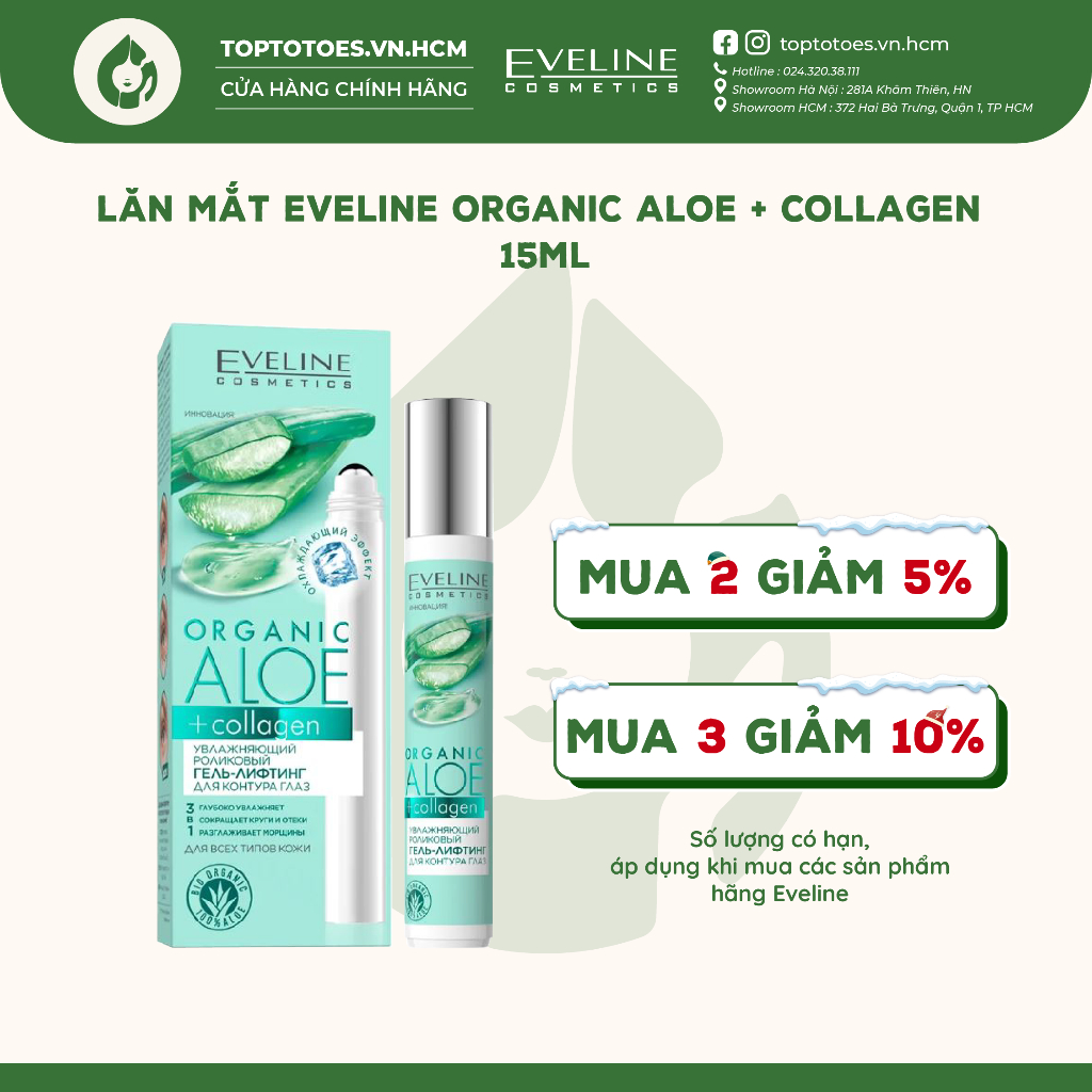 Lăn mắt Eveline Organic Aloe + Collagen dưỡng ẩm, nâng cơ, giảm thâm và nhăn mắt 15ml