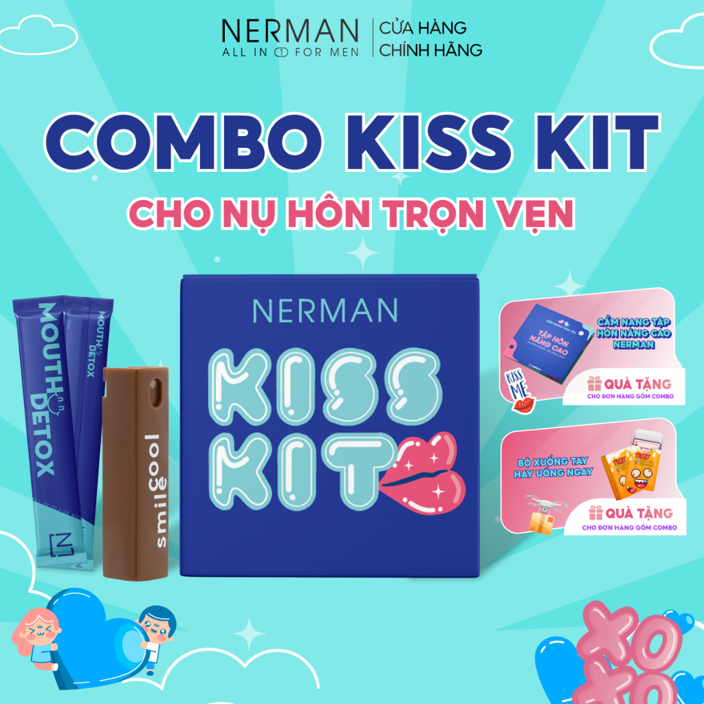 Combo Kiss Kit Nerman-Xịt thơm miệng Spray&Kiss 10ml&10Gói Nước súc miệng Mouth Detox 10ml/gói-TẶNG 1 CẨM NANG TẬP HÔN
