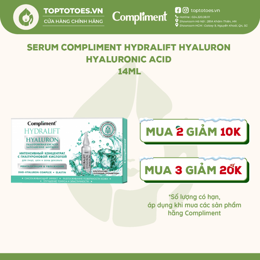 Serum Compliment Hydralift Hyaluron Hyaluronic Acid cấp nước, dưỡng ẩm và phục hồi da 14ml