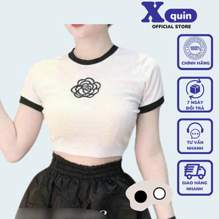 Áo croptop nữ ngắn tay cổ viền màu Xquin, Áo kiểu nữ ôm body in hình bông hoa trước ngực dễ thương