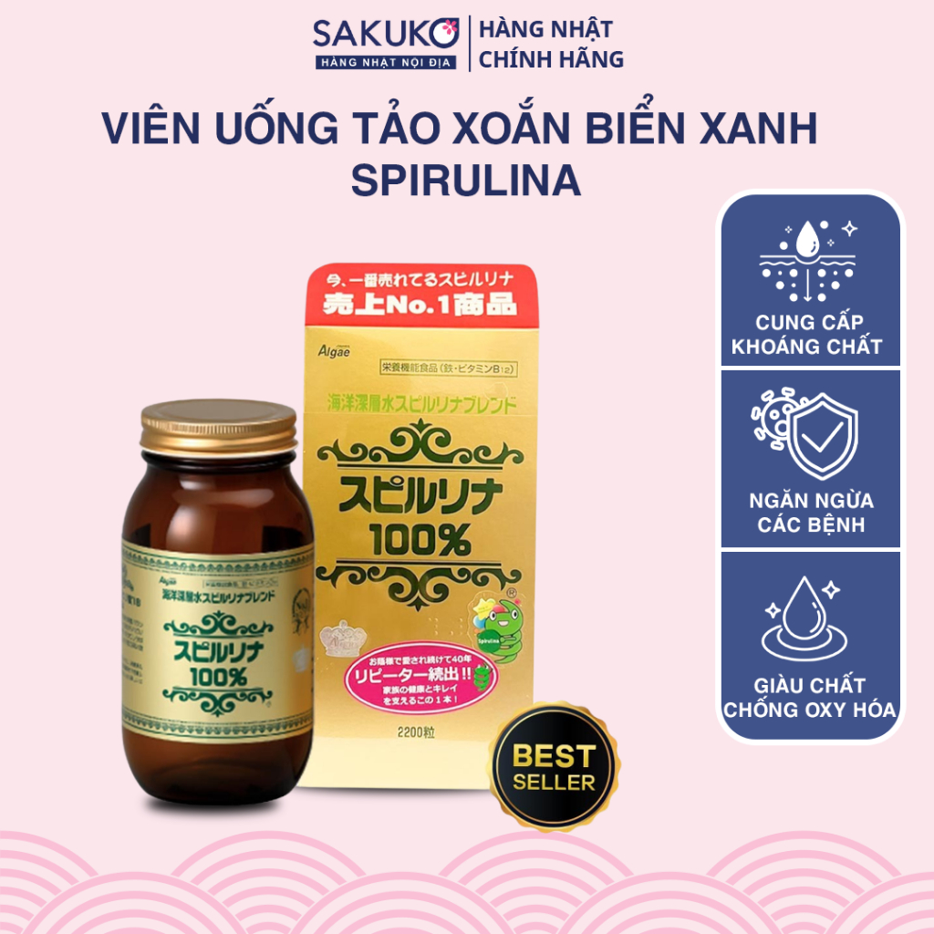 Viên Uống Tảo Xoắn Biển Xanh SPIRULINA Tem Đỏ 2200 Viên Nội Địa Nhật Bản - SAKUKO