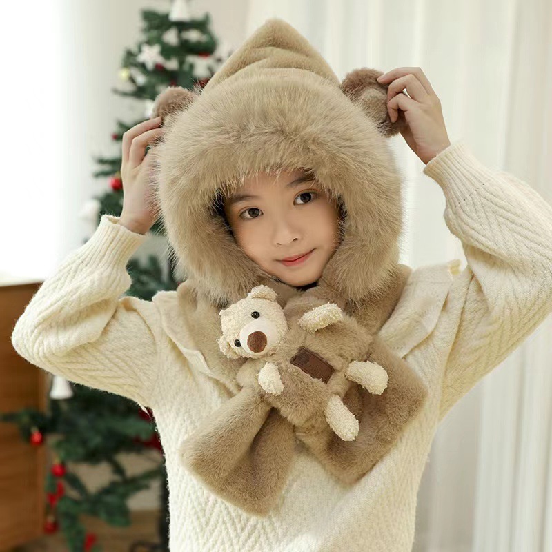 Mũ len cho bé, Mũ len nữ kèm khăn quàng cổ có gấu bông cute dễ thương mũ lông cừu giữ ấm tai gấu, nón len bé gái