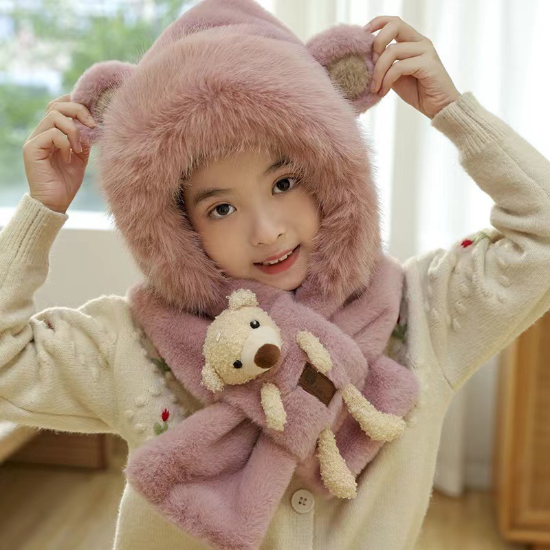 Mũ len cho bé, Mũ len nữ kèm khăn quàng cổ có gấu bông cute dễ thương mũ lông cừu giữ ấm tai gấu, nón len bé gái
