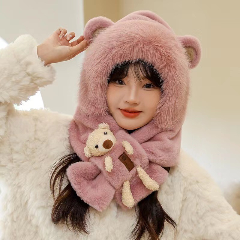 Mũ len cho bé, Mũ len nữ kèm khăn quàng cổ có gấu bông cute dễ thương mũ lông cừu giữ ấm tai gấu, nón len bé gái