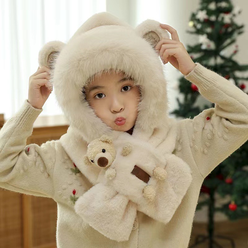Mũ len cho bé, Mũ len nữ kèm khăn quàng cổ có gấu bông cute dễ thương mũ lông cừu giữ ấm tai gấu, nón len bé gái