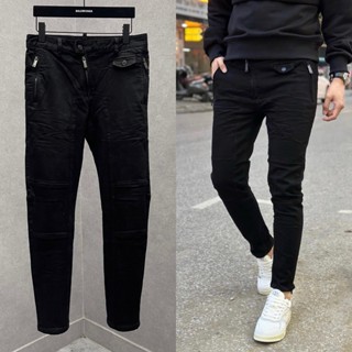 Quần jean bò nam Dsq slimfit đen trơn nắp đùi phối khoá zip túi và dọc sau ống may nổi gân cao cấp QJ656P