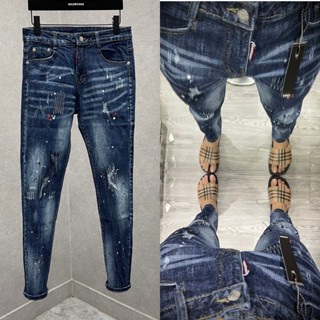 Quần jean bò nam Dsquared2 slimfit xanh bạc wash rách cào xước vảy sơn dáng boy phố QJ402P