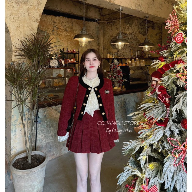 Set Dạ Tweed Đỏ Áo Khoác Viền Nhung Mix Chân Váy Xếp Ly Hàng 2 Lớp Dày Dặn Kèm Tang Miu Miu