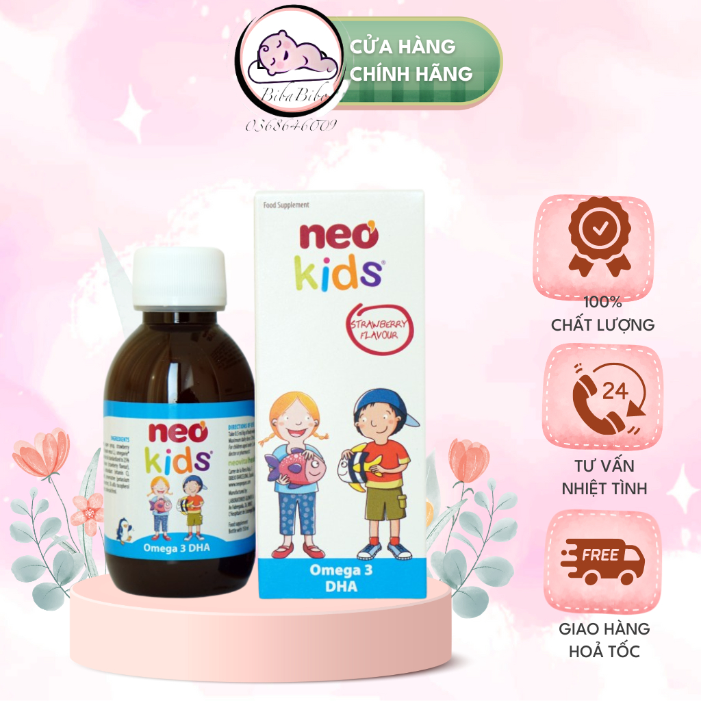 DHA cho bé Neo kids omega 3 DHA cho trẻ sơ sinh, Vitamin D3, A, E giúp phát triển trí não tăng cường thị lực Hộp 15