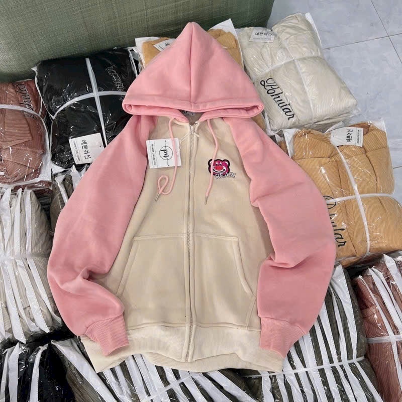 áo khoác nỉ hoodie zip nỉ ngoai thêu gấu BEER siêu dày mịn tay phối màu nam nữ mặc đều đẹp fammilyshop