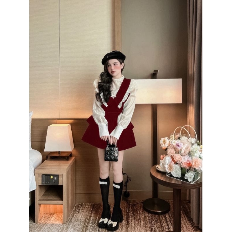 Set áo oganza + yếm đầm nhung phối baby