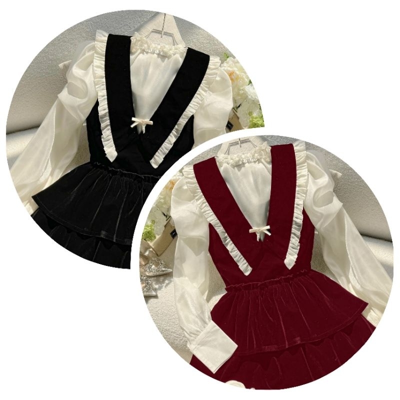 Set áo oganza + yếm đầm nhung phối baby