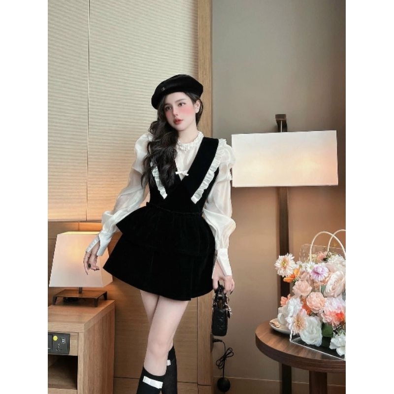 Set áo oganza + yếm đầm nhung phối baby