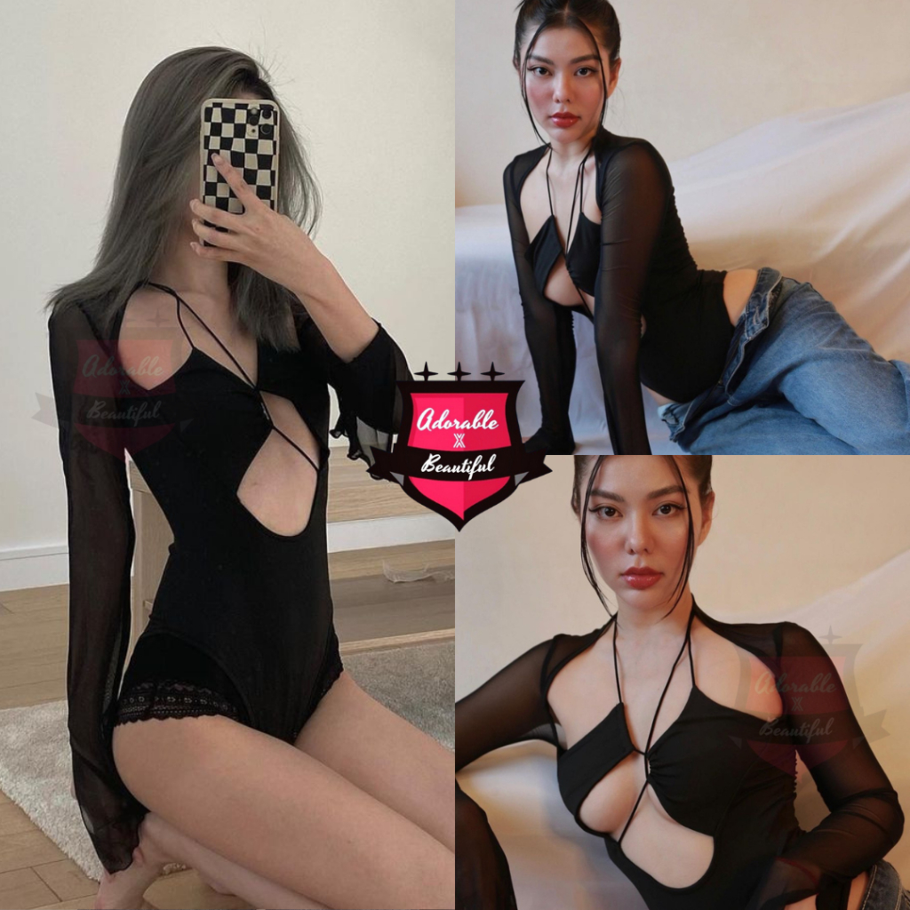 Bodysuit Đen Thun Tay Dài Lưới Cut Out Sexy Quyến Rũ, Áo Liền Thân Dây Ôm Body Hở Ngực