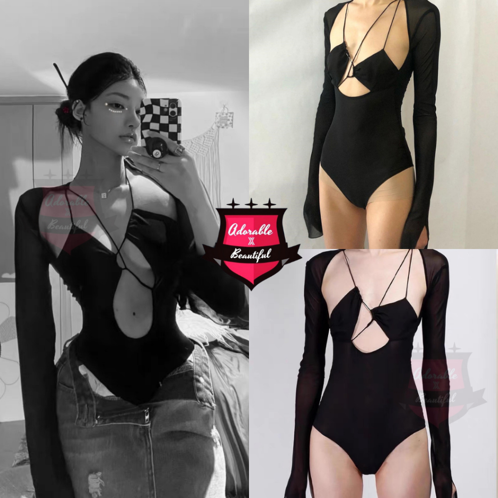 Bodysuit Đen Thun Tay Dài Lưới Cut Out Sexy Quyến Rũ, Áo Liền Thân Dây Ôm Body Hở Ngực
