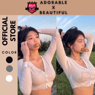 [Ảnh Thật] Áo croptop tay dài nút cài thun gân, áo thun gân ôm body đen xám trắng co giãn [AdorablexBeautiful]