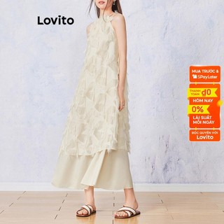 Đầm LOVITO phối lông vũ buộc dây sau lưng màu trơn boho cho nữ L53AD104