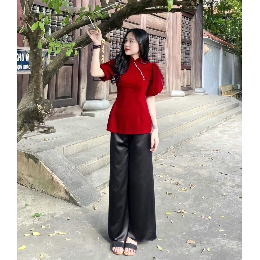 Đồ Lam Nữ Đi Chùa LILY STORE, Set Bộ Nữ Áo Nữ Tay Bồng Đính Nút Kèm Quần Suông Vải Lụa Cao Cấp Kín Đáo Thanh Lịch - Màu