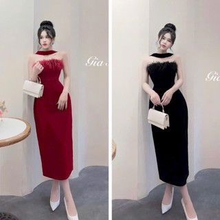 Váy Đầm Dự Tiệc nữ, dáng dài, chất NHUNG phối long, Dây quàng cổ sang chảnh