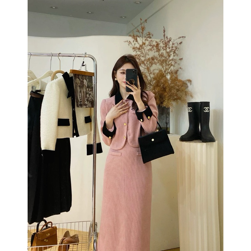 M970- Sét áo + chân váy chất nhung tăm hồng tây