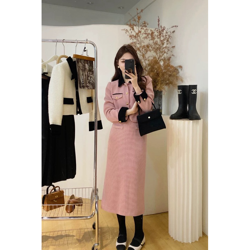 M970- Sét áo + chân váy chất nhung tăm hồng tây