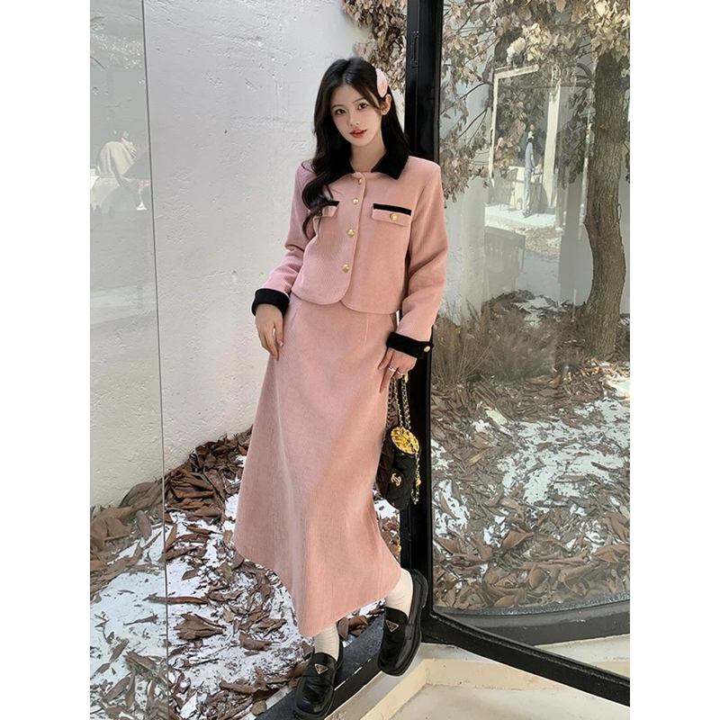 M970- Sét áo + chân váy chất nhung tăm hồng tây