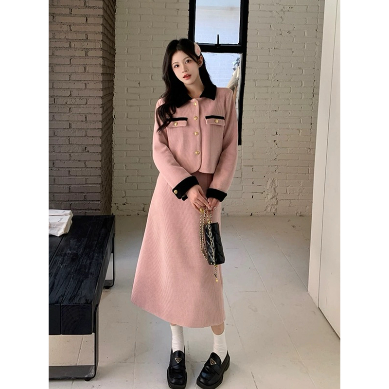 M970- Sét áo + chân váy chất nhung tăm hồng tây