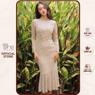 Đầm nữ dự tiệc đuôi cá sang trọng She, váy body hoa nhí voan thiết kế đẹp SDX187