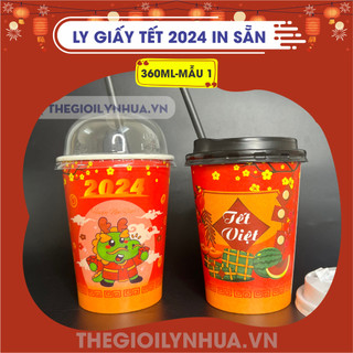 Sỉ 100 Ly giấy 360ml in sẵn mẫu Tết, cốc giấy dùng một lần 12oz, ly giấy 2 lớp PE dùng được cả nóng và lạnh mẫu 1