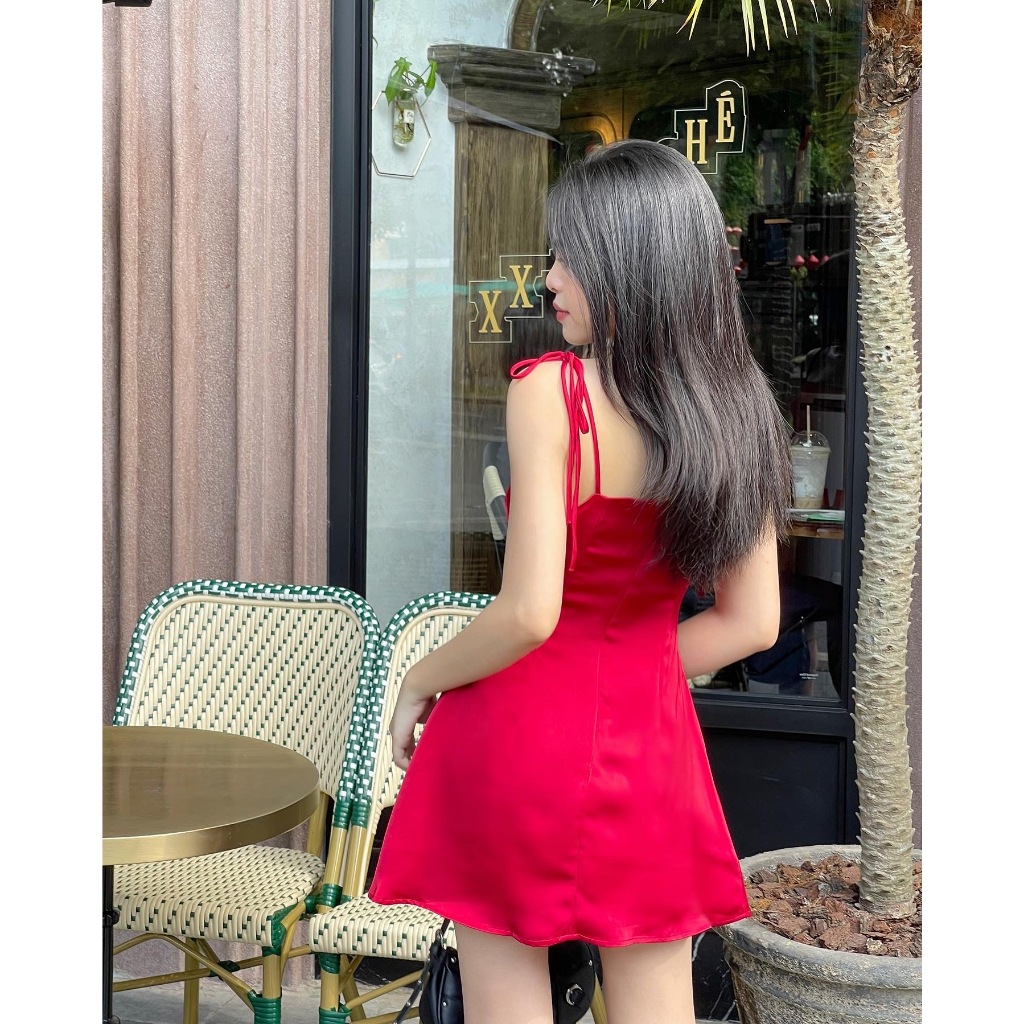 Váy lụa đỏ hai dây cột nơ Scarlet Dress - APRILLE