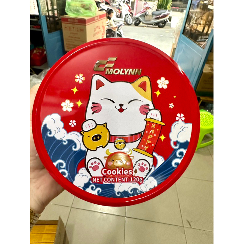 Bánh Quy Mèo Thần Tài Hộp Thiếc Mini Dễ thương, Bánh Tết, Gói Quà Tết 120g