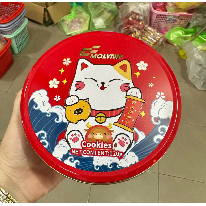 Bánh Quy Mèo Thần Tài Hộp Thiếc Mini Dễ thương, Bánh Tết, Gói Quà Tết 120g