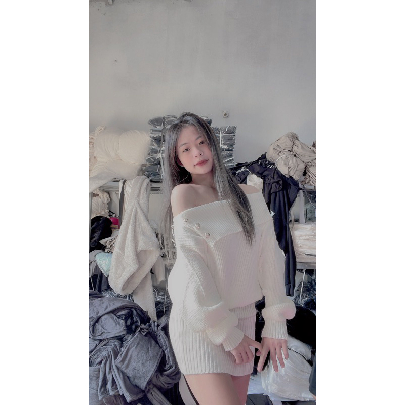 Váy len trễ vai liền ảnh thật