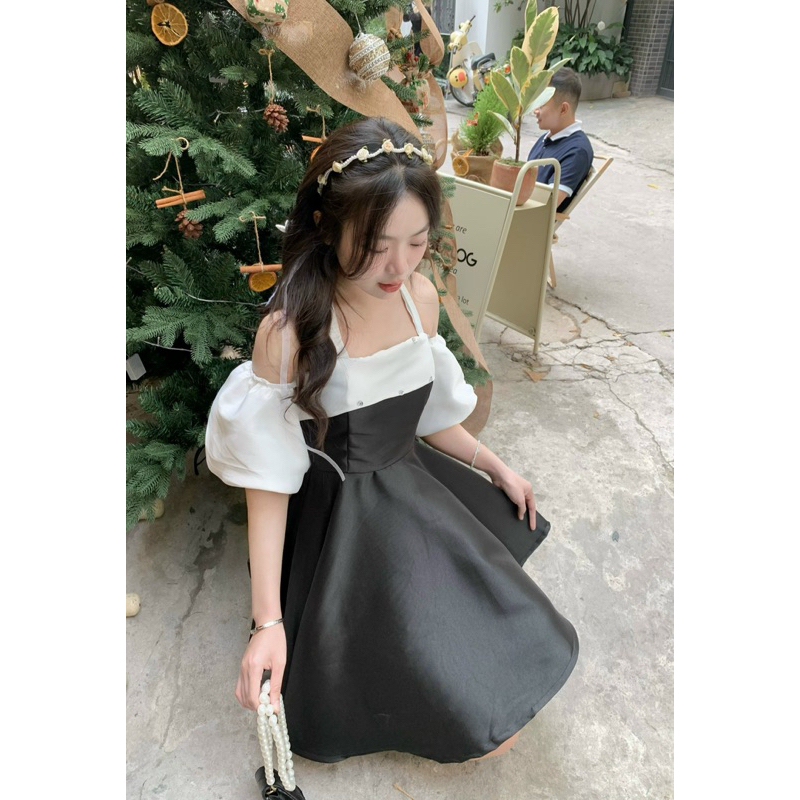 Váy - Đầm tiểu thư viền đính đá tay bồng dự tiệc, kỷ yếu