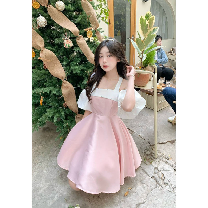 Váy - Đầm tiểu thư viền đính đá tay bồng dự tiệc, kỷ yếu