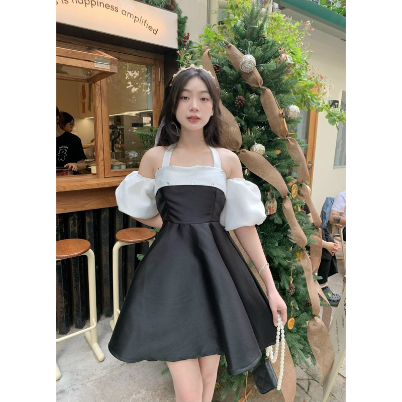 Váy - Đầm tiểu thư viền đính đá tay bồng dự tiệc, kỷ yếu