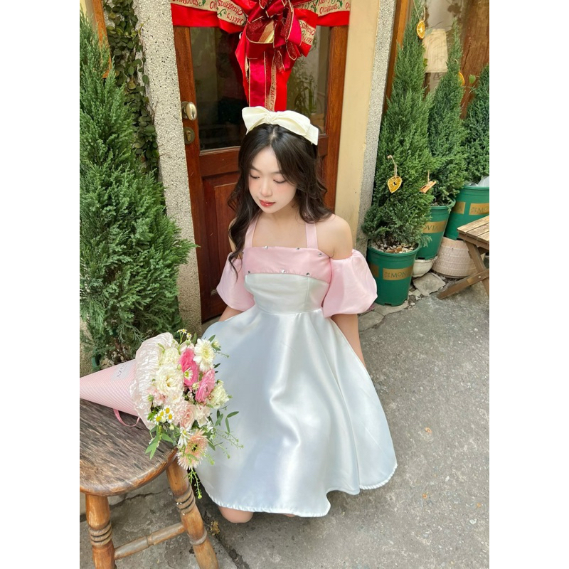 Váy - Đầm tiểu thư viền đính đá tay bồng dự tiệc, kỷ yếu