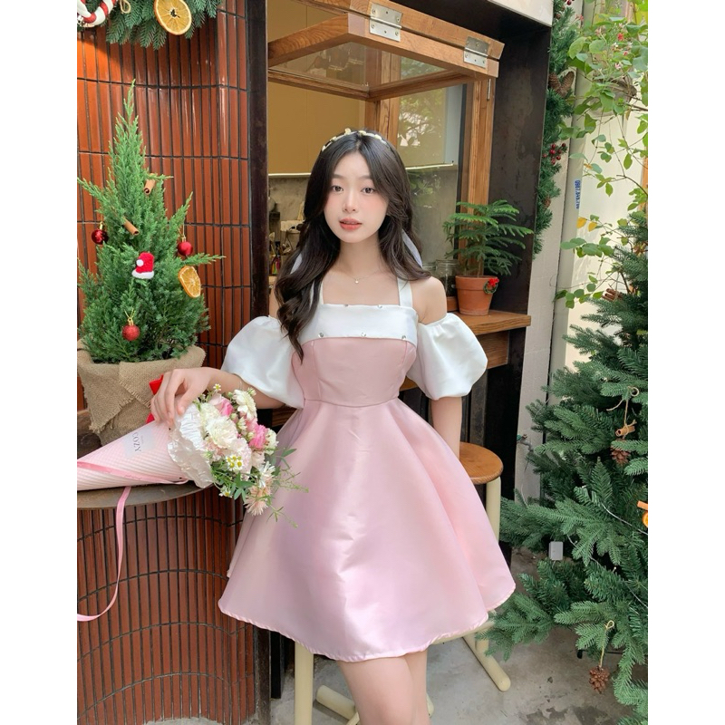 Váy - Đầm tiểu thư viền đính đá tay bồng dự tiệc, kỷ yếu