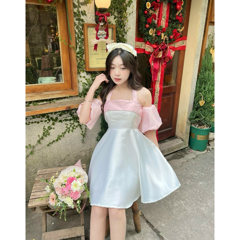 Váy - Đầm tiểu thư viền đính đá tay bồng dự tiệc, kỷ yếu