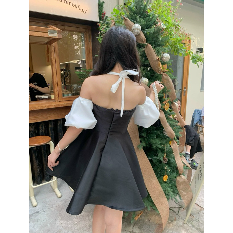 Váy - Đầm tiểu thư viền đính đá tay bồng dự tiệc, kỷ yếu